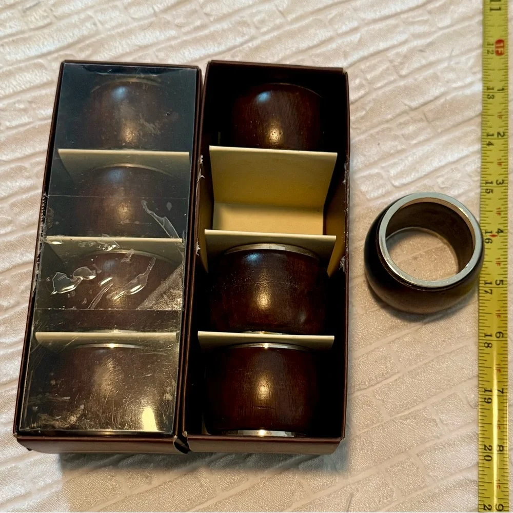 🍴 Lot 8 mango wood Williams-Sonoma Napkin Rings holders Brass Nickel NWT NIB WS